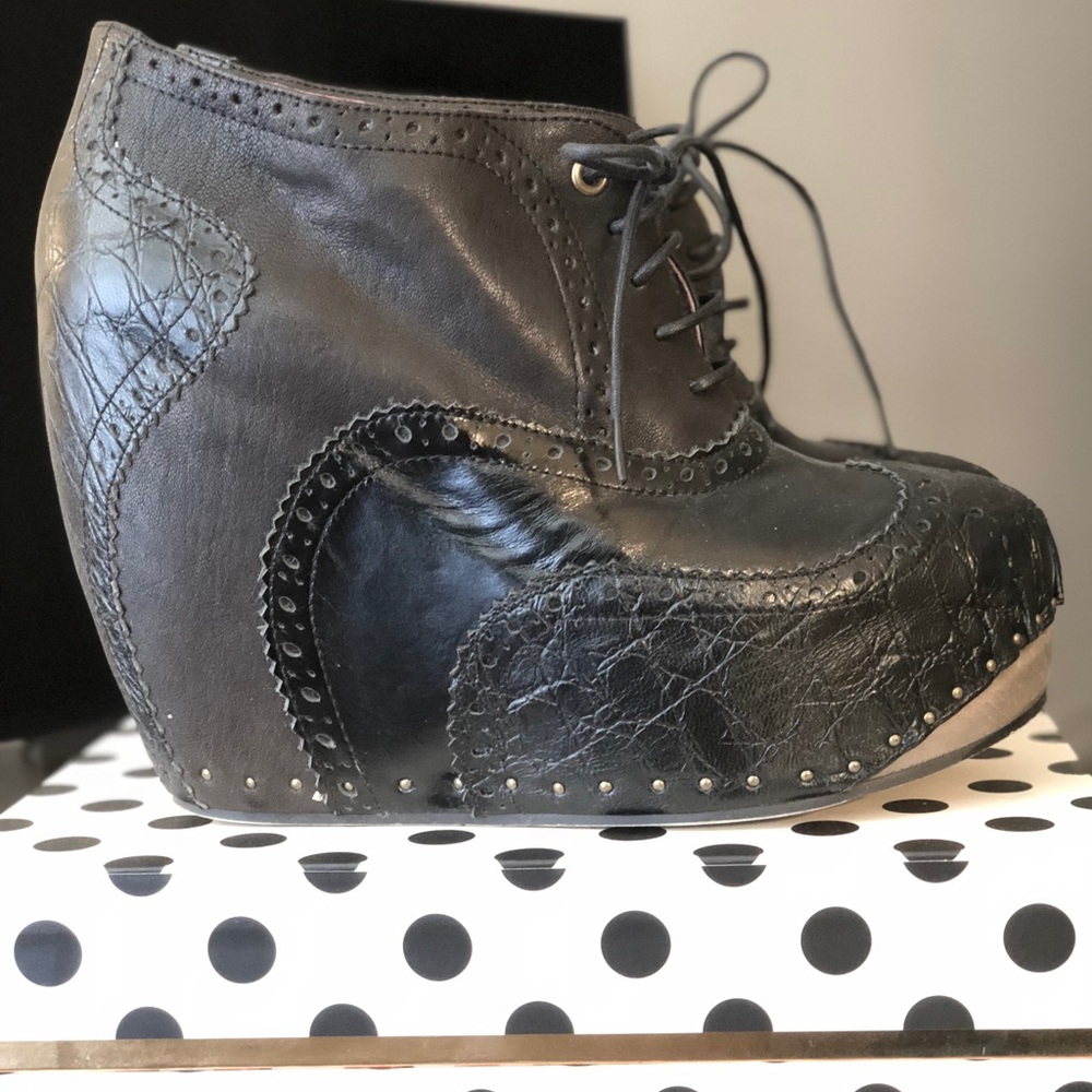 IRREGULAR CHOICE leather patchwork wedge.